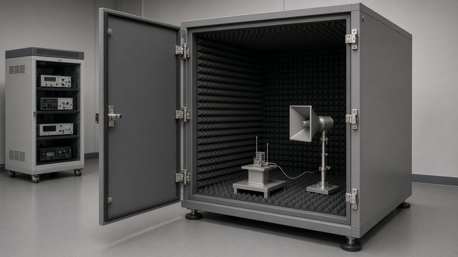 Compact enclosed RF measurement chamber with absorber lining and a small test fixture.