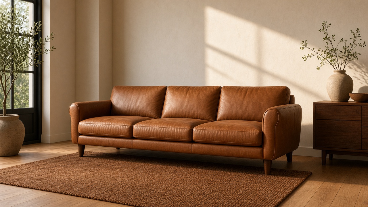 A cognac leather three-seat sofa in a warm contemporary living room.