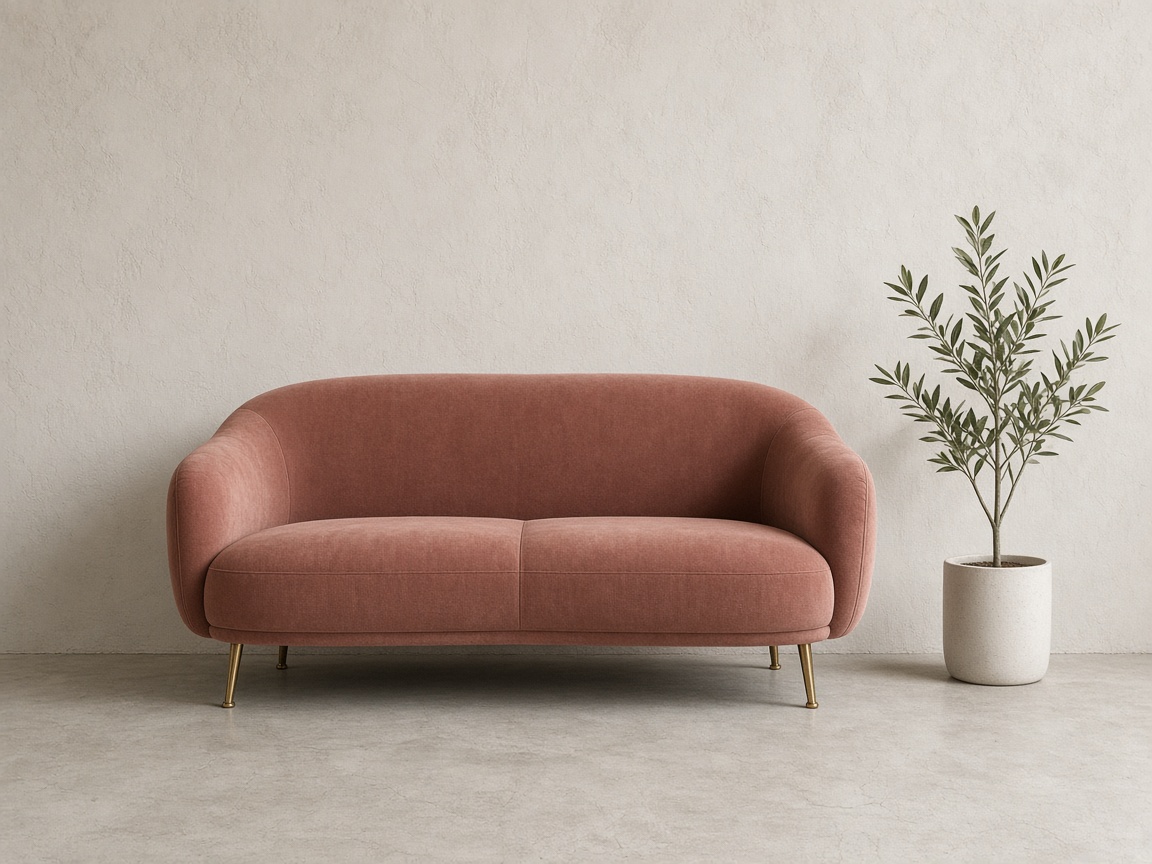A low curved two-seat sofa in dusty rose velvet with slim brass legs.