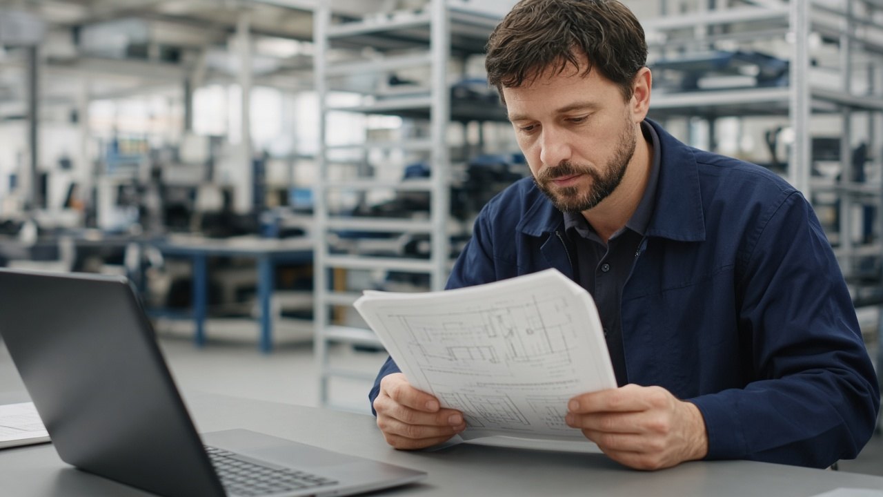 Engineer reviewing a technical drawing in a factory office, with a laptop on the desk.
