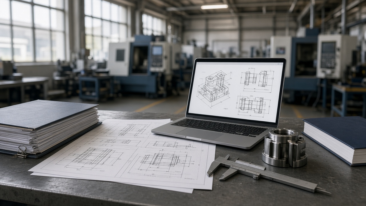 Technical drawings and industrial components on a table in a factory office, used as editorial art for an article on AI search and GEO.