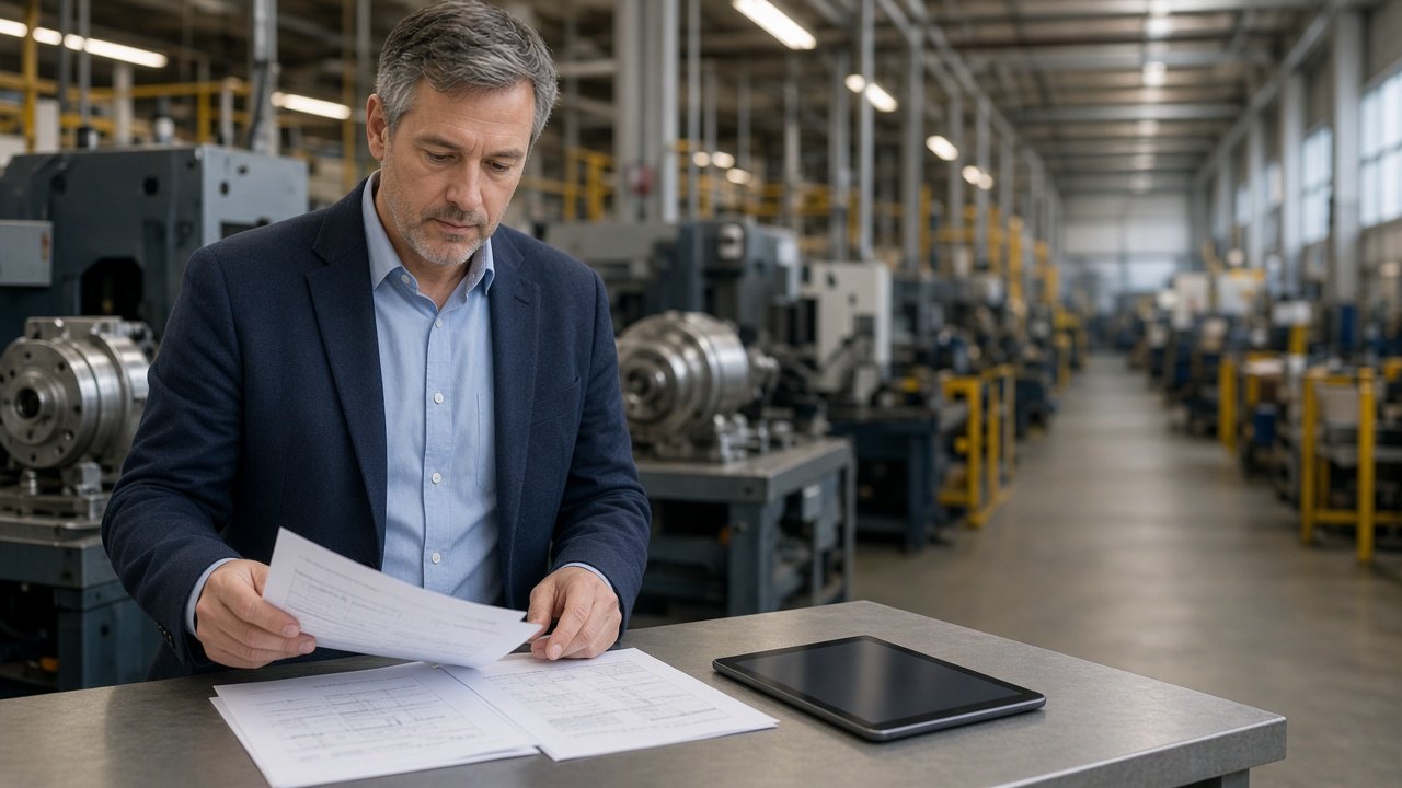 Industrial sales professional reviewing product documents and a tablet on a factory floor.