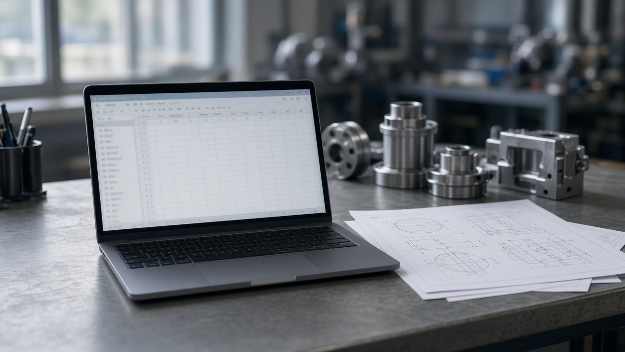 Laptop showing a specification grid, with technical drawings and machined metal parts on an engineering desk.