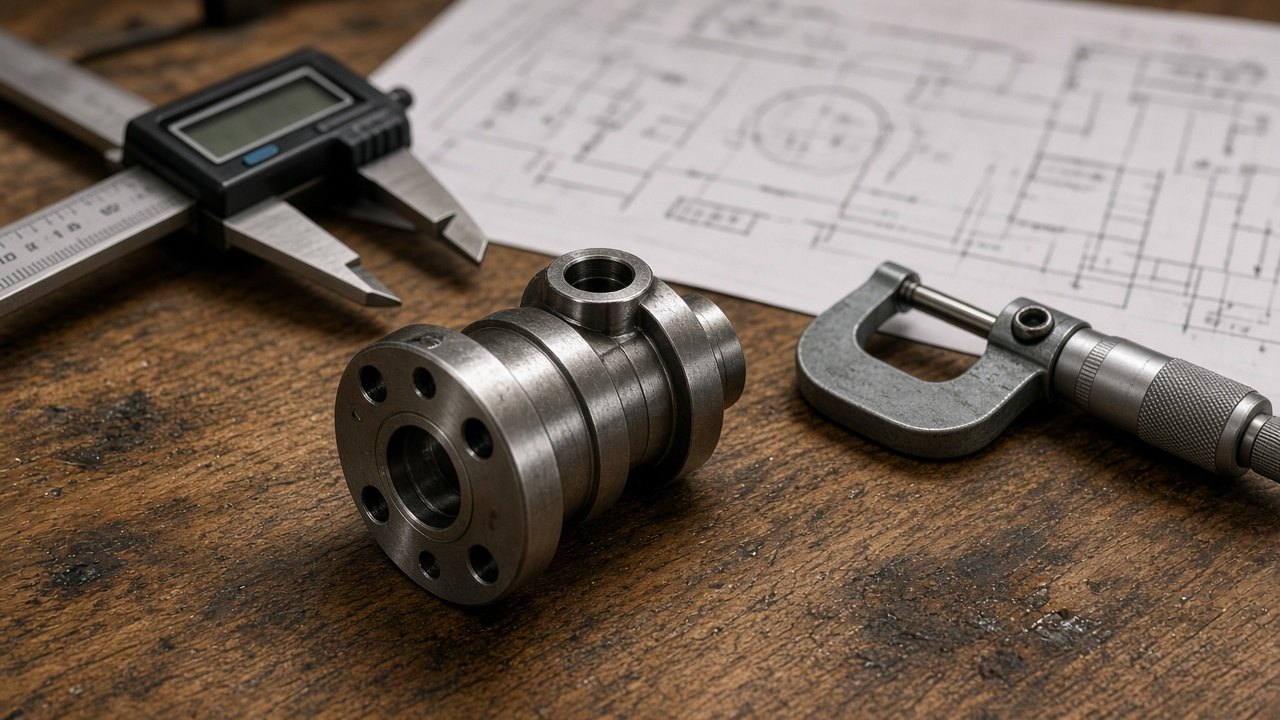Precision-machined steel component on a workbench beside a caliper, a micrometer, and an engineering drawing.