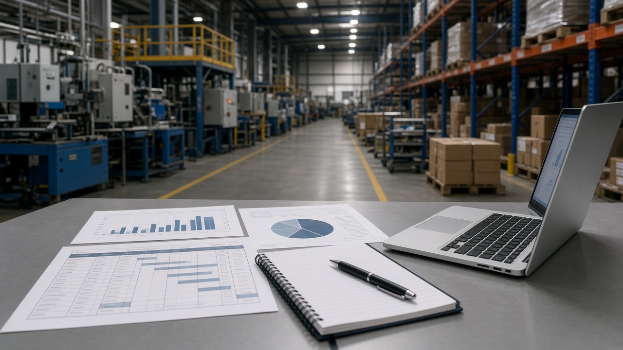 Manufacturing control room with production documents and unmarked screens, used as editorial art for an article on Google Ads for manufacturers.