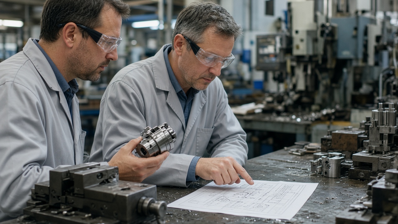 Engineers reviewing a machined metal part in a workshop, used as editorial art for an article on LinkedIn for B2B manufacturing.