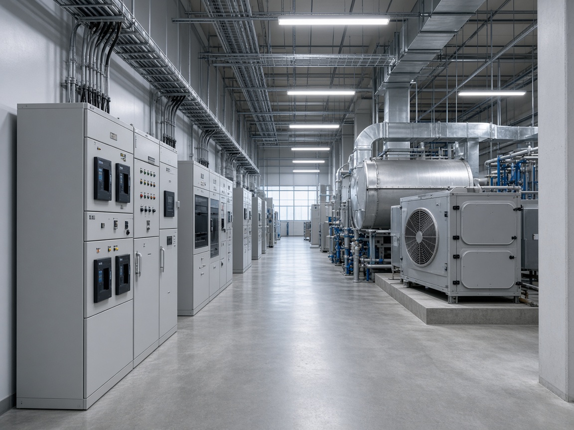 Industrial energy-management room with electrical cabinets and monitoring equipment, no readable data.