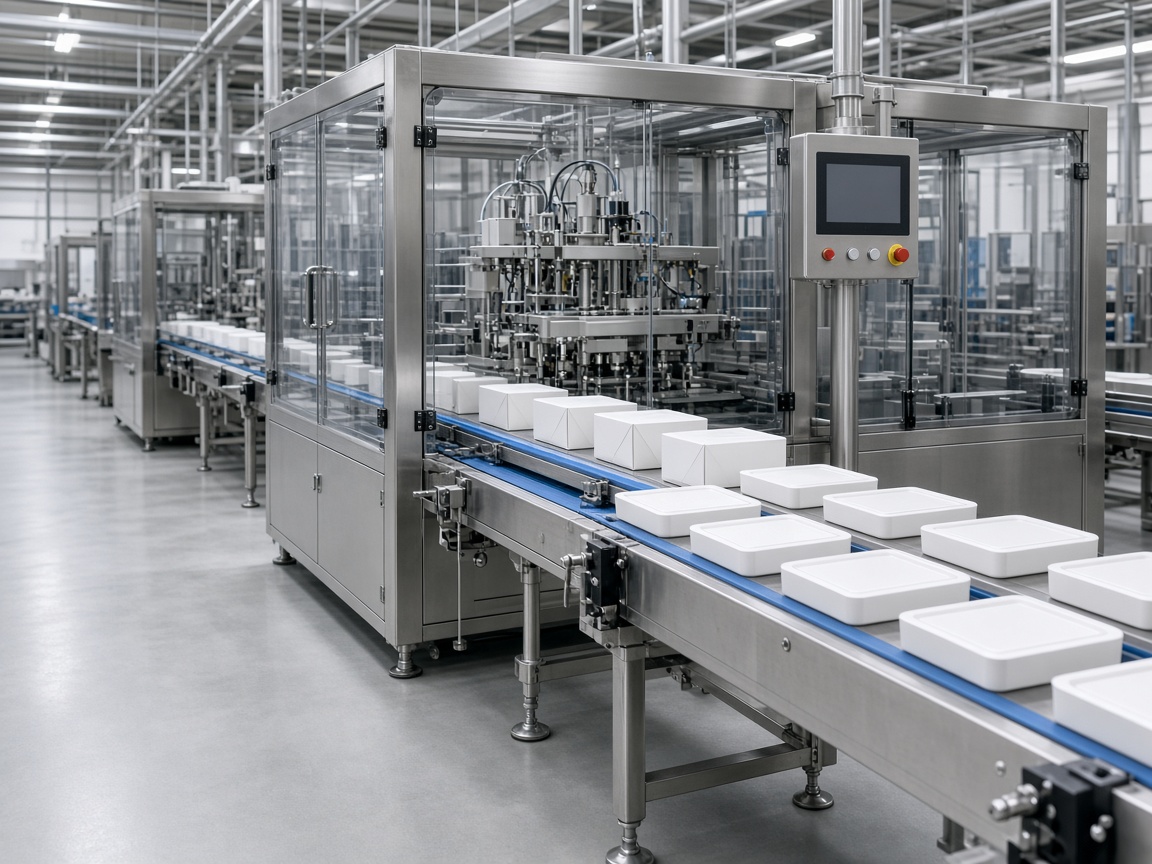 Unmarked industrial packaging line with stainless-steel machinery and blank cartons on a conveyor.