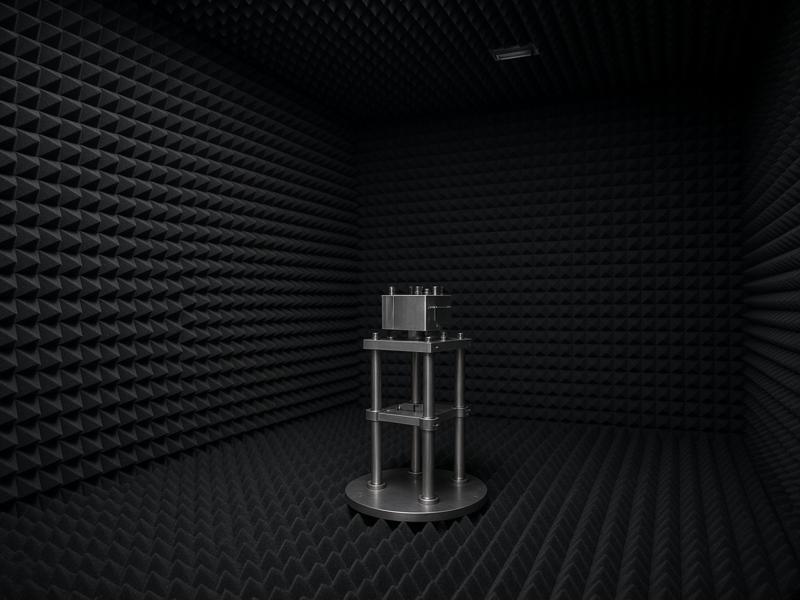 Interior of an anechoic chamber with pyramid RF-absorbing panels and an unmarked test fixture.