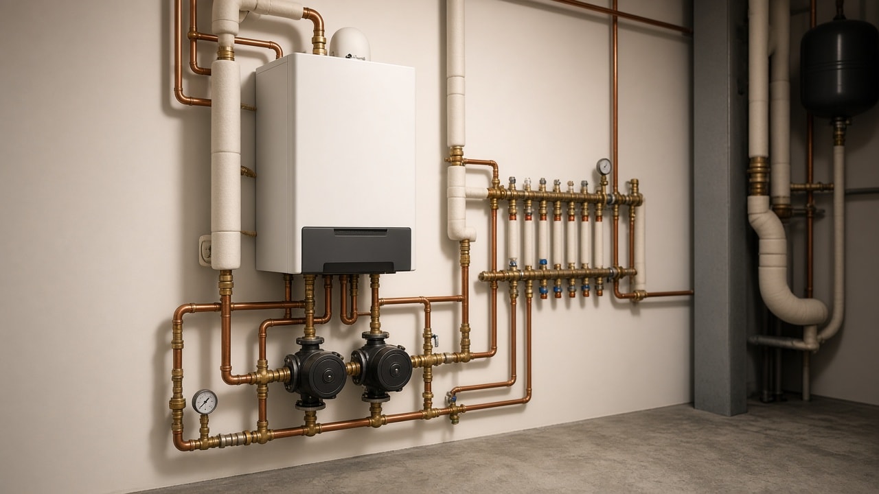 Wall-mounted boiler with circulation pumps, a manifold, gauges, and insulated pipework.