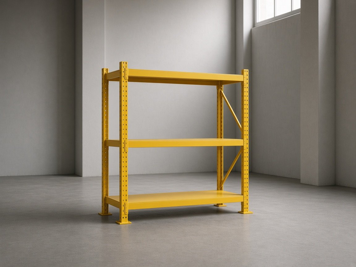 A yellow powder-coated metal storage rack standing in an empty room.