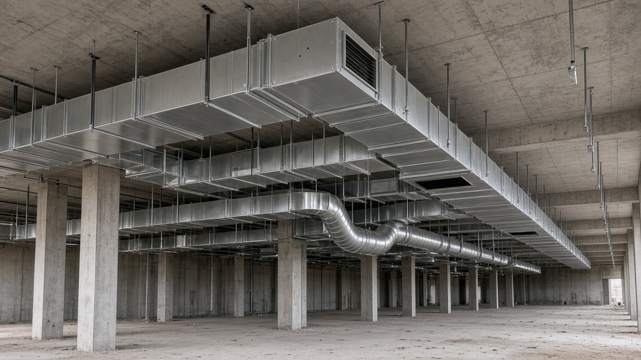 Rectangular steel ventilation ducts installed along the ceiling of a large commercial building.