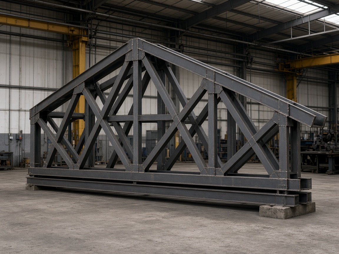 A fabricated steel roof truss standing in a fabrication shop.