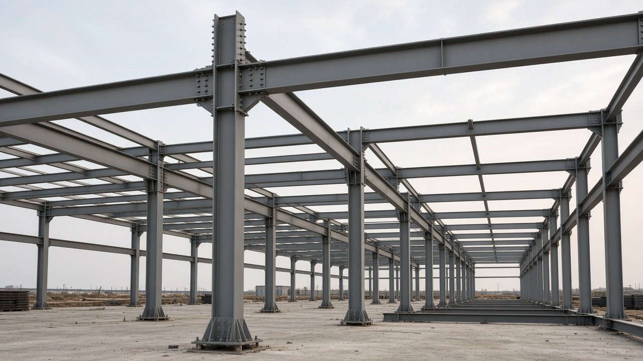 A structural steel building frame standing open to the sky on a construction site.