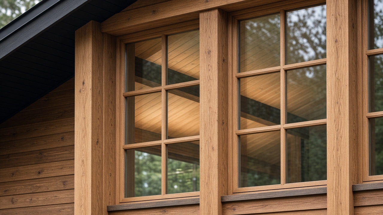 Close view of a timber-house facade with divided wooden window frames and horizontal wood siding.