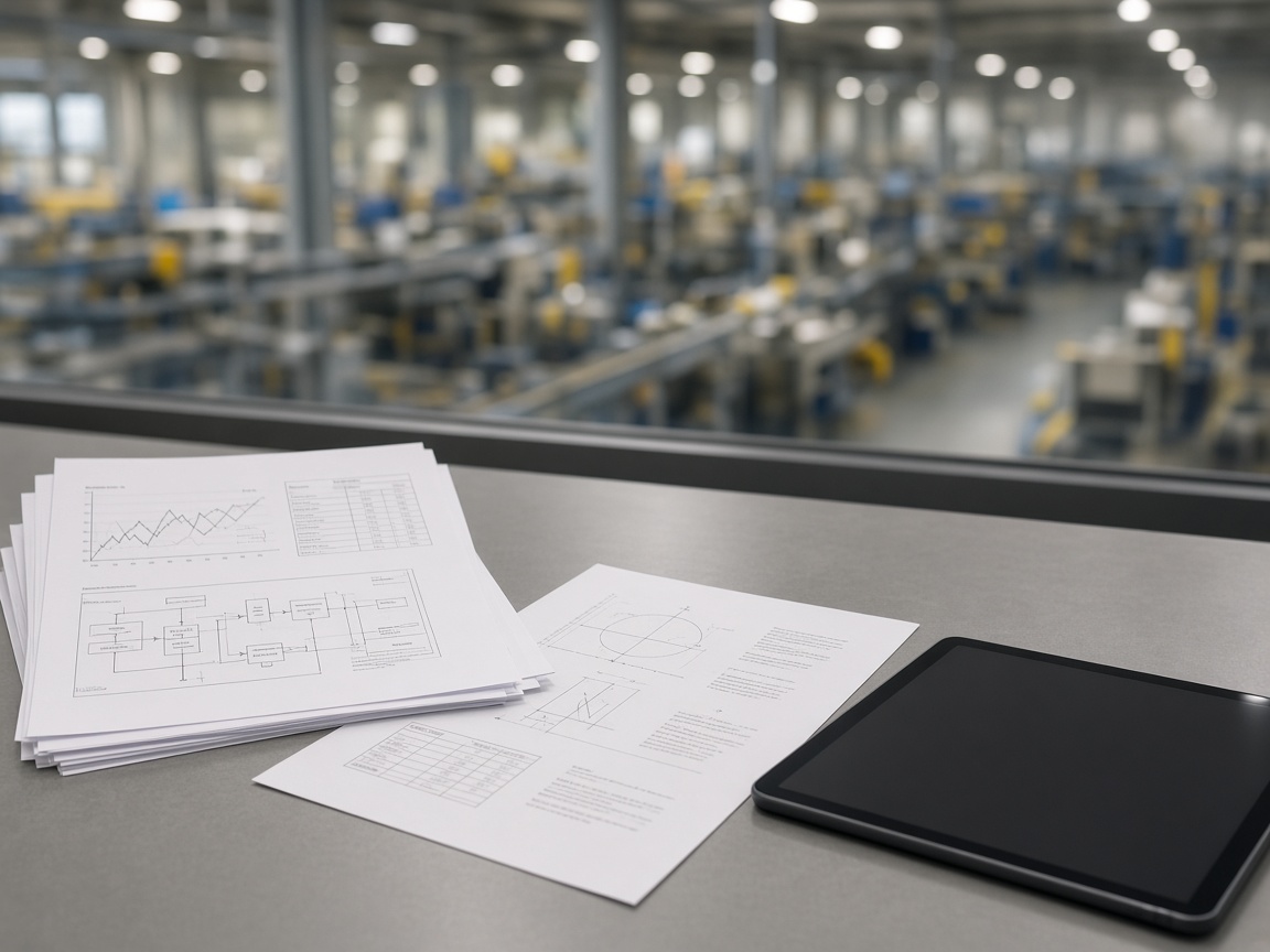Paper documents on an industrial desk with a factory floor beyond the glass.