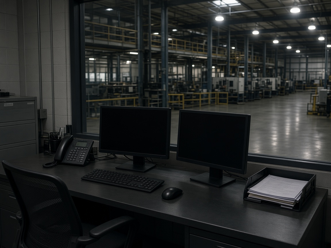 Empty manufacturing office with dark unmarked screens.
