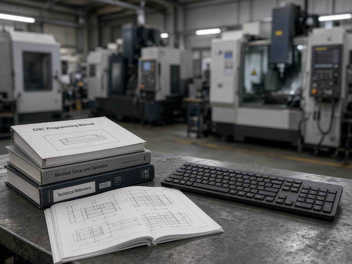 Technical manuals on a workbench with CNC machines in the background.