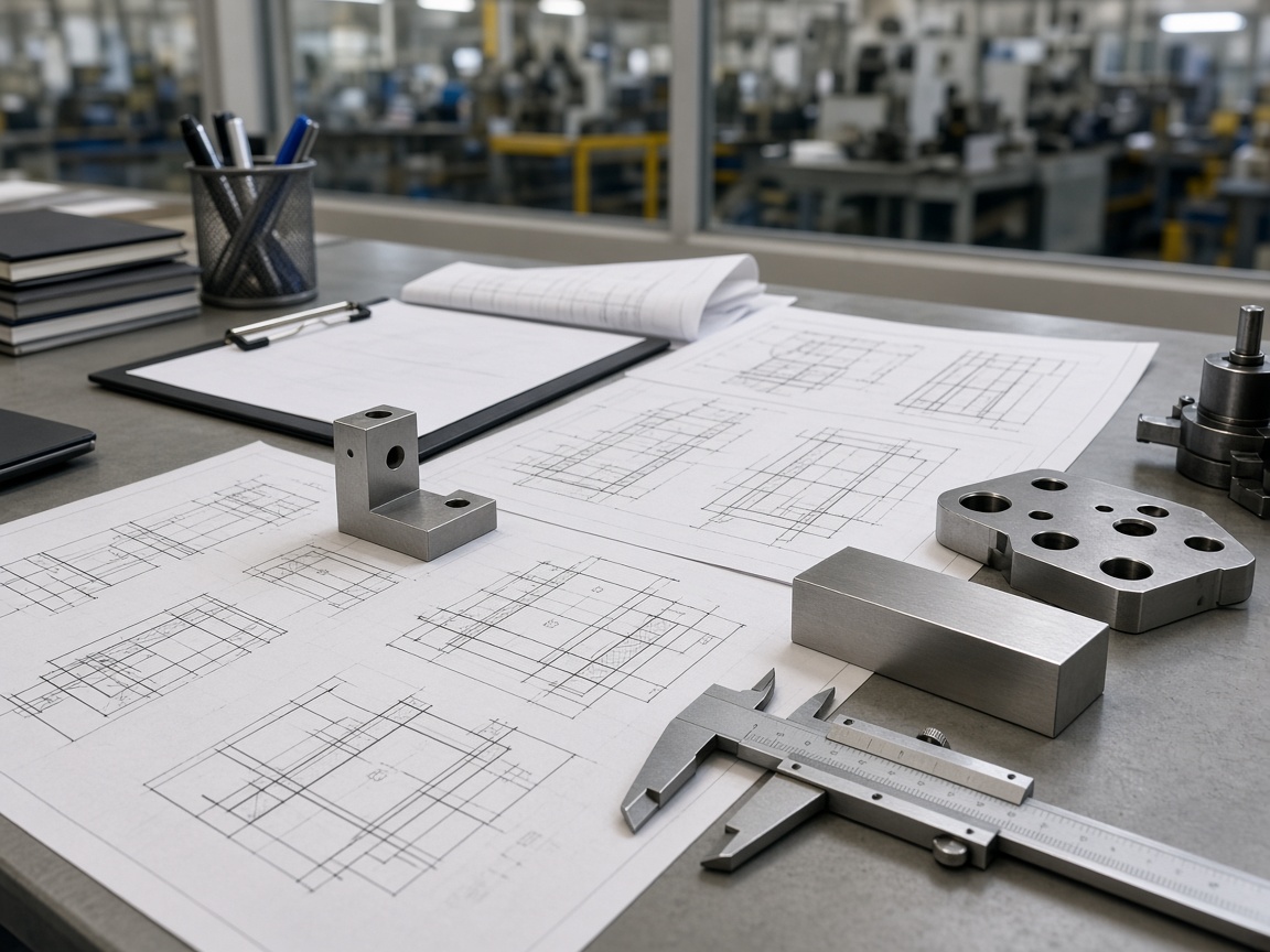 Manufacturing planning table with drawings, calipers and metal samples.